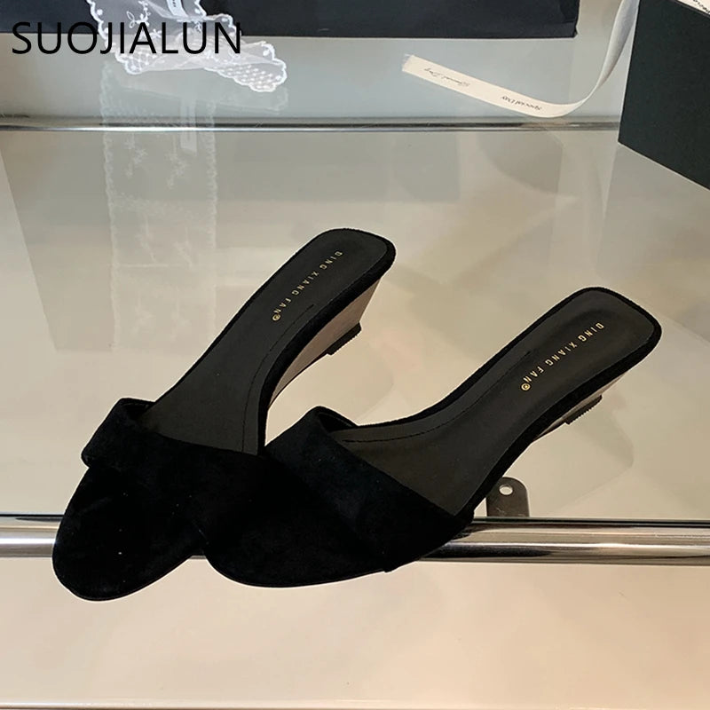 SUOJIALUN 2025 Summer New Women Slipper Fashion Low Wedge Heel Ladies Elegant Slides Open Toe Outdoor Dress Sandal Shoes