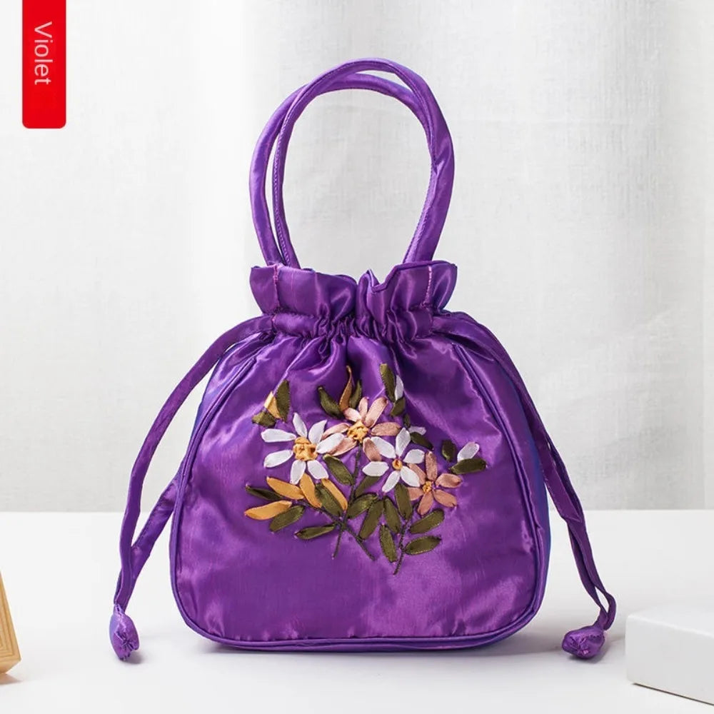 Small Women Bucket Bag Top Handle Ladies Handbag Phone Bag Summer Purse National Style Embroidered Flower Pattern Drawstring Bag