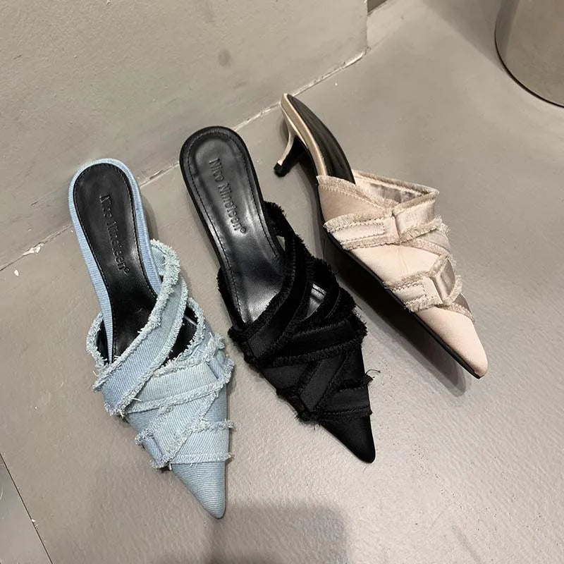 2025 Women Mules Elegant Sandals Pumps Summer Female Shoes Low Heels New In Fashion Ladies Sandal Pointed Toe Slides Footwear
