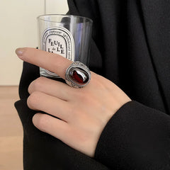 Personality Retro Exaggeration Big Garnet Stone Thai Silver Female Wedding Ring Hand Jewellery Accessories Never Fade Gifts