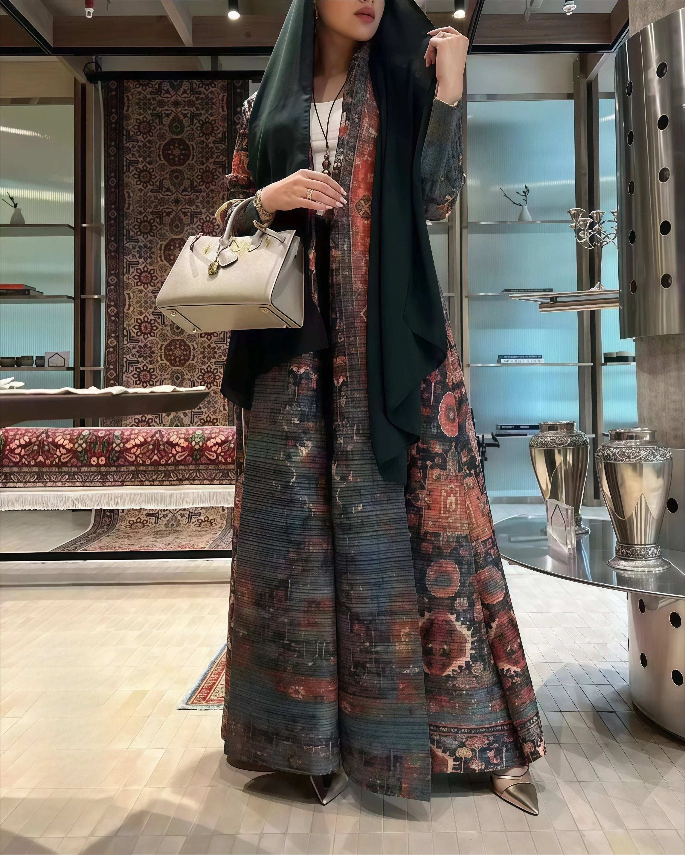 Miyake Pleated Abaya Print Foldable Collar Women's Long Sleeve Robe 2024 New Winter Original Design Fashion Cardigan Coat