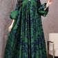 Vintage Printed Dress Women Breathable Loose Middle Eastern Robe Casual Long Sleeve Abaya V-neck Loose Muslim Abayas for Women
