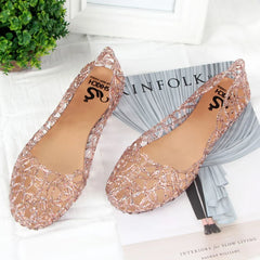 Summer women sandals flat-soled crystal clogs hollow flat-soled slip-ons shallow mouth Roman jelly shoes beach sandals