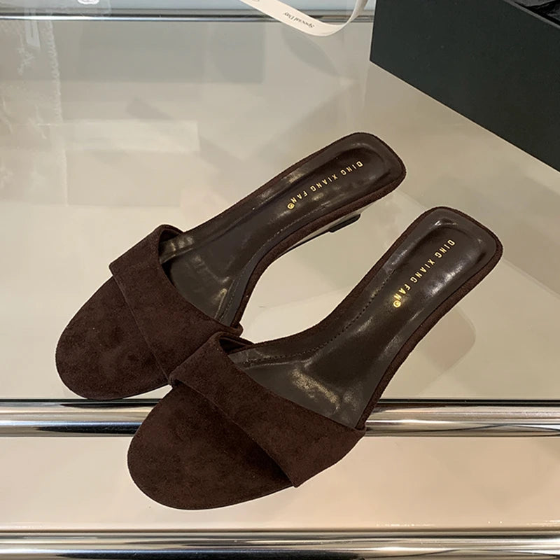 SUOJIALUN 2025 Summer New Women Slipper Fashion Low Wedge Heel Ladies Elegant Slides Open Toe Outdoor Dress Sandal Shoes