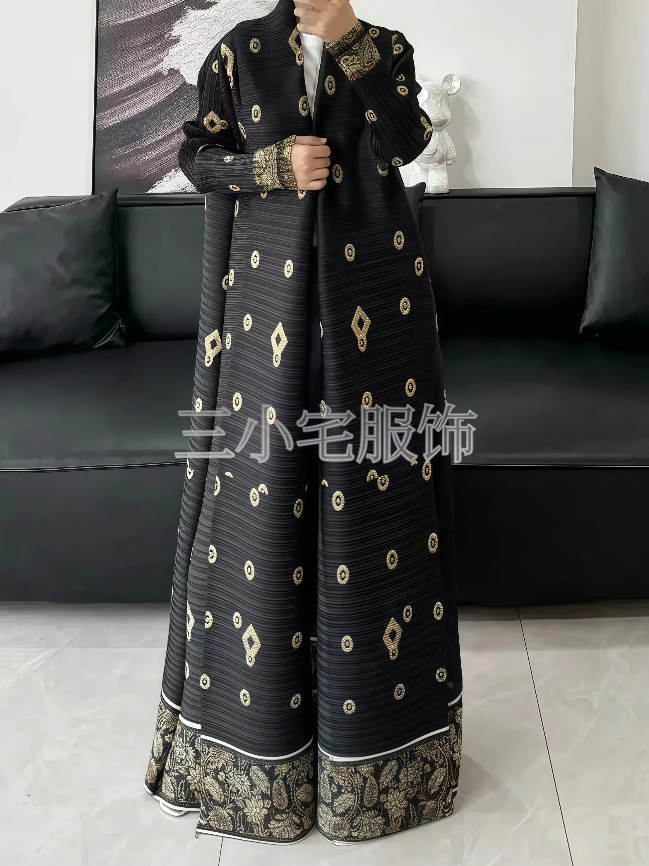 Miyake Pleated Abaya Print Foldable Collar Women's Long Sleeve Robe 2024 New Winter Original Design Fashion Cardigan Coat