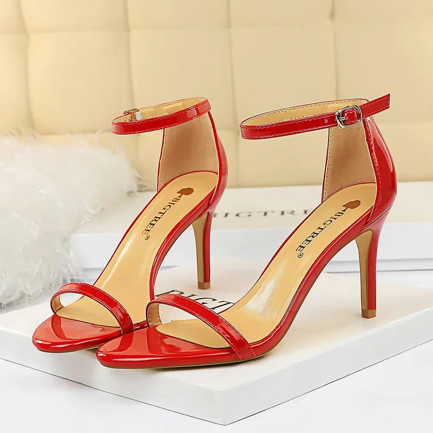 Women Summer 8cm 11cm High Heels Fetish Sandals Gladiator Platform Strap Glossy Leather Sandles Lady Nude Low Heels Party Shoes