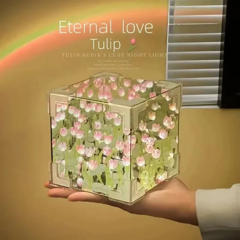 DIY Tulip Mirror Cube Lamp Flower Table Lamp Handmade Romantic Valentine's Day Lamp Tulips Home Decorations Gift for Girlfriend